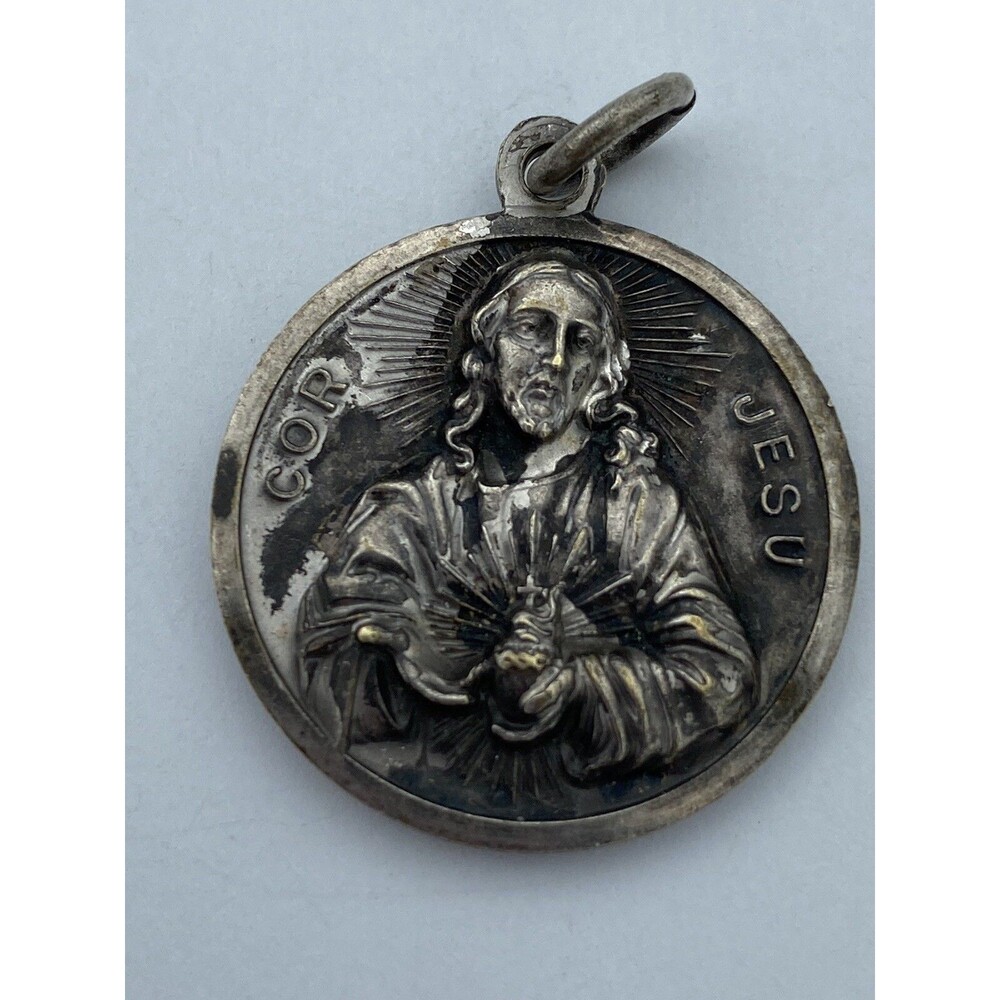 Vtg Sacred Heart of Jesus, Cor Jesu & Virgo Carmeli Pendant, Italy Christianity